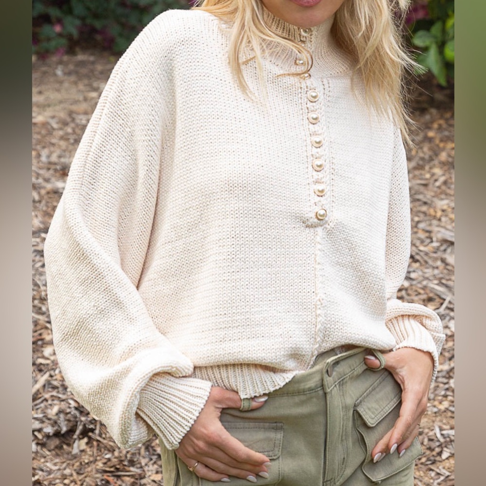 434. POL LAST 1! Sweater Women Oversized Cream Slouchy Long Sleeve Bead Button - Picture 3 of 4